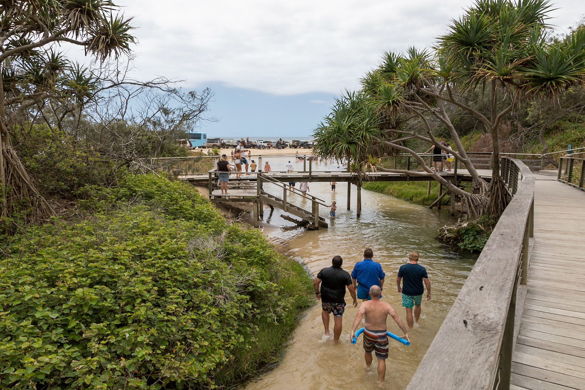 Holiday-makers walk or float down Eli Creek to the beach