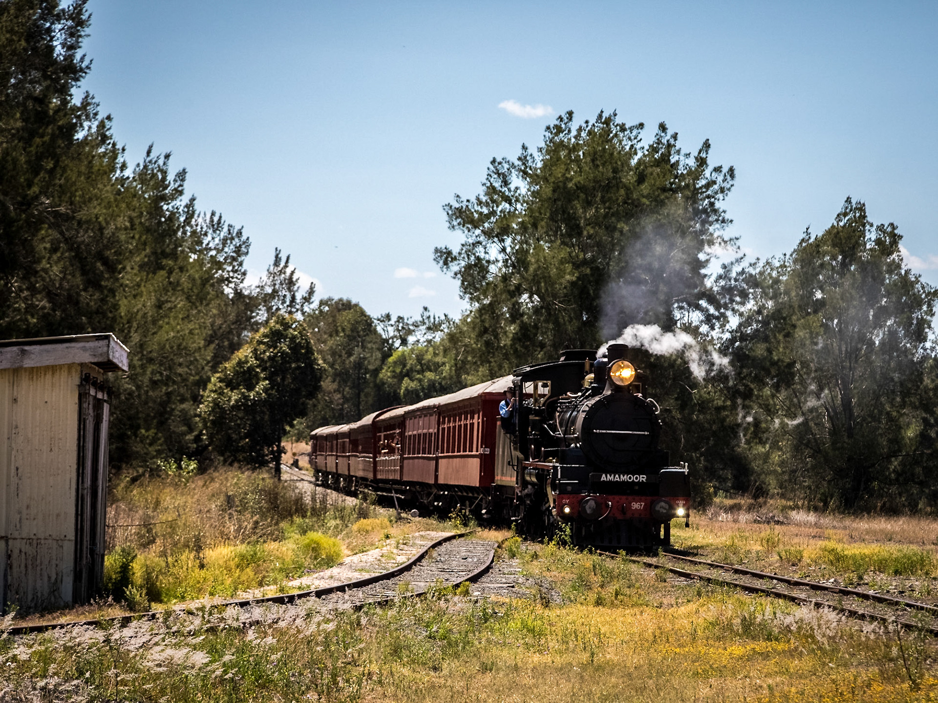 Coming in to Amamoor Station. Queensland Railways C17 Class Locomotive. Number 967.