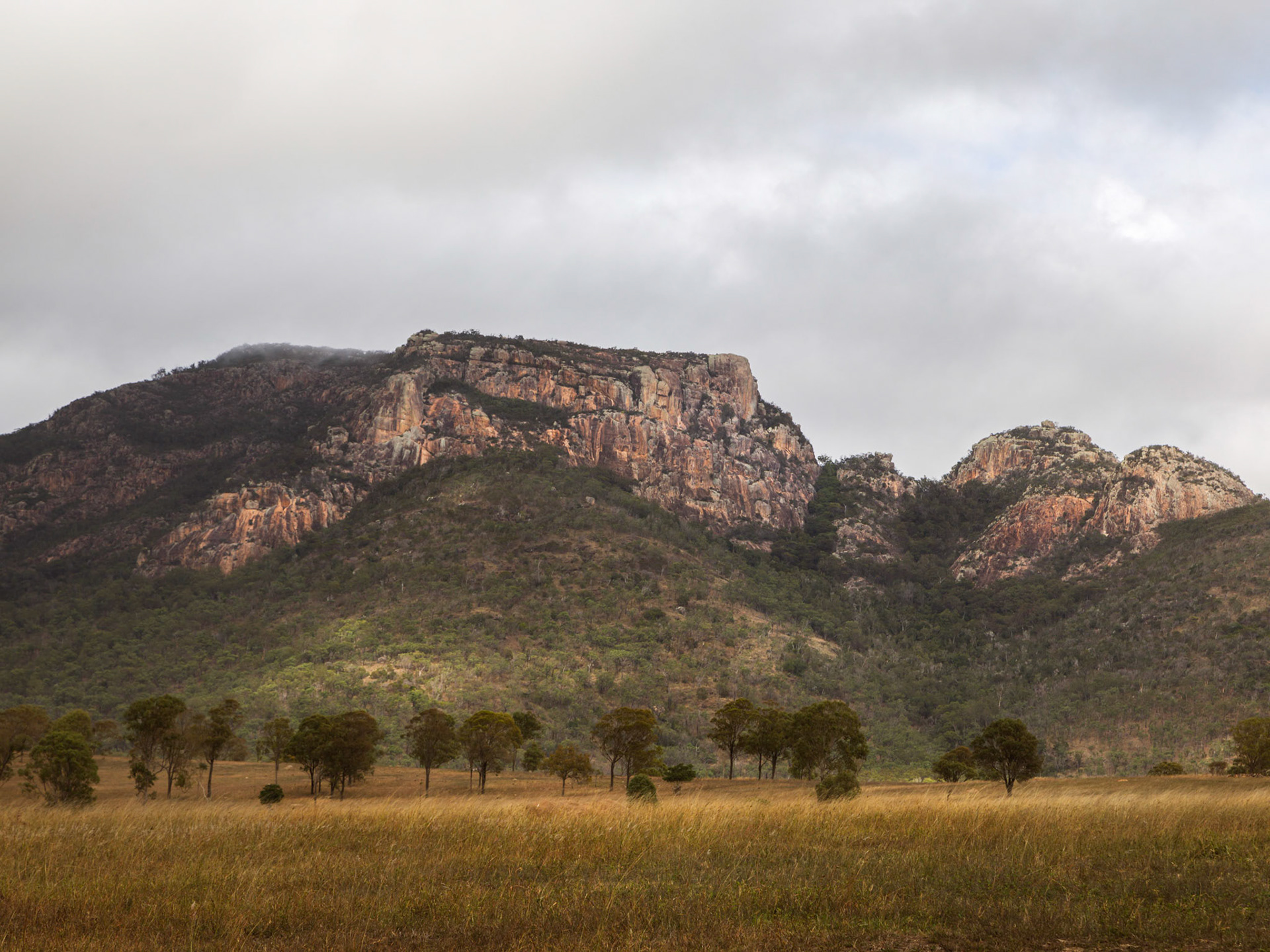 A view of Mount Walsh on a dull and rain showery morning