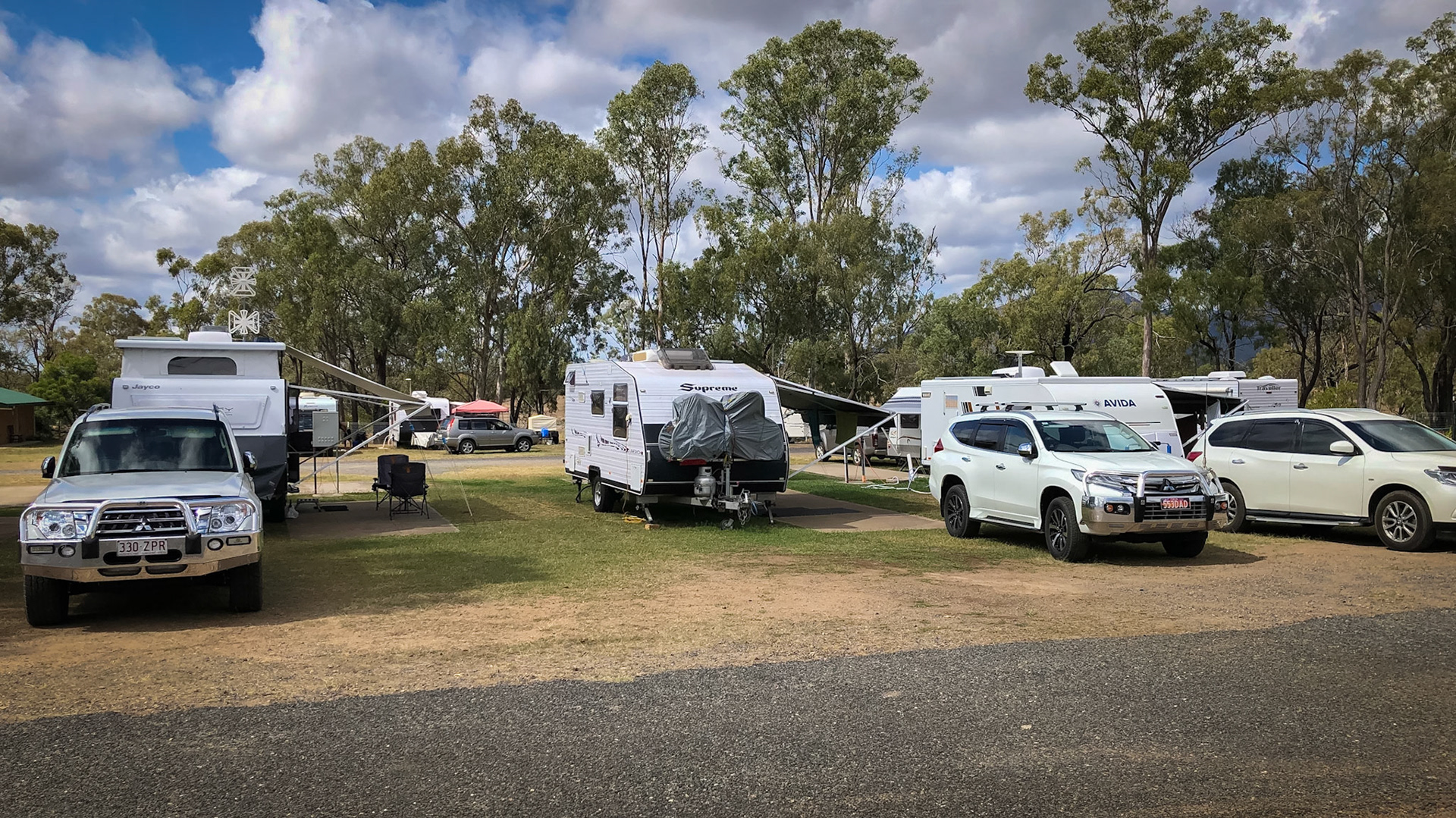Some of our group's caravan cluster in the Biggenden Mountain View Caravan Park