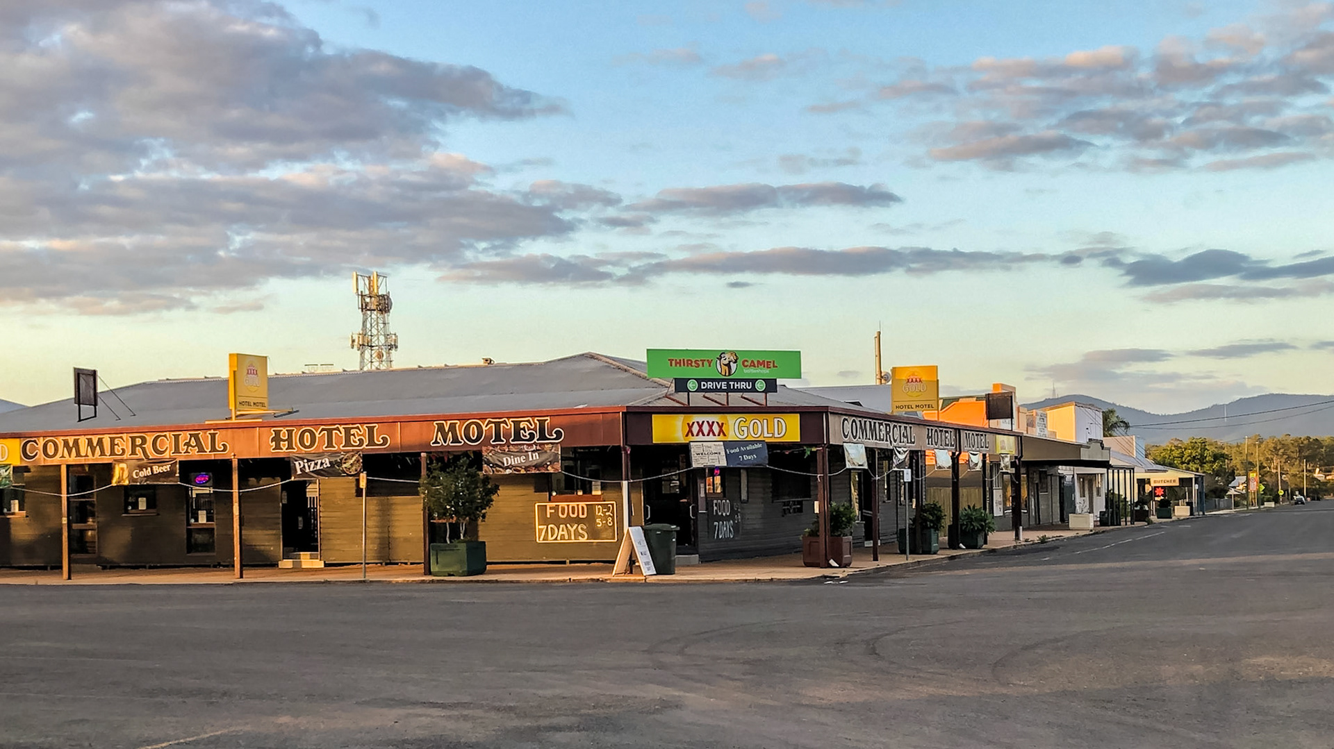 Biggenden Commercial Hotel in the late afternoon light. Friday night dinner here.