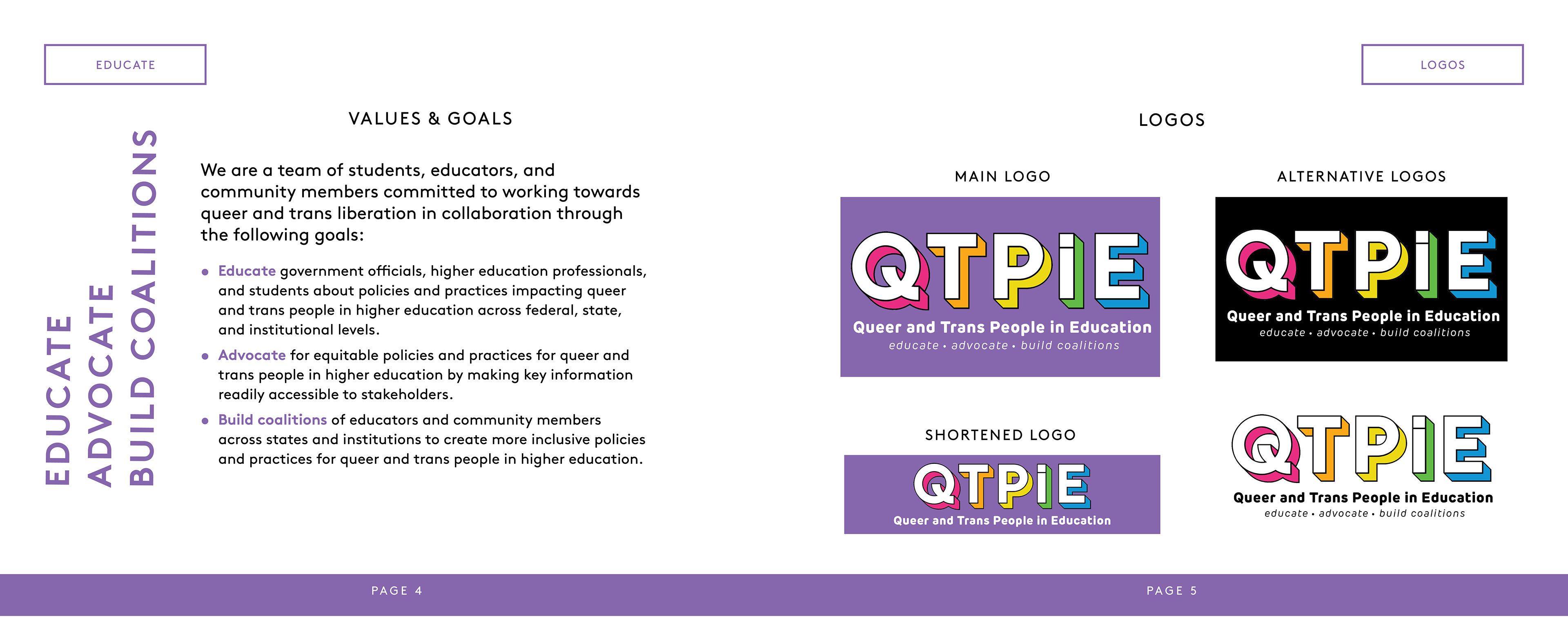 Page 4: Values & Goals; Page 5: Logos
