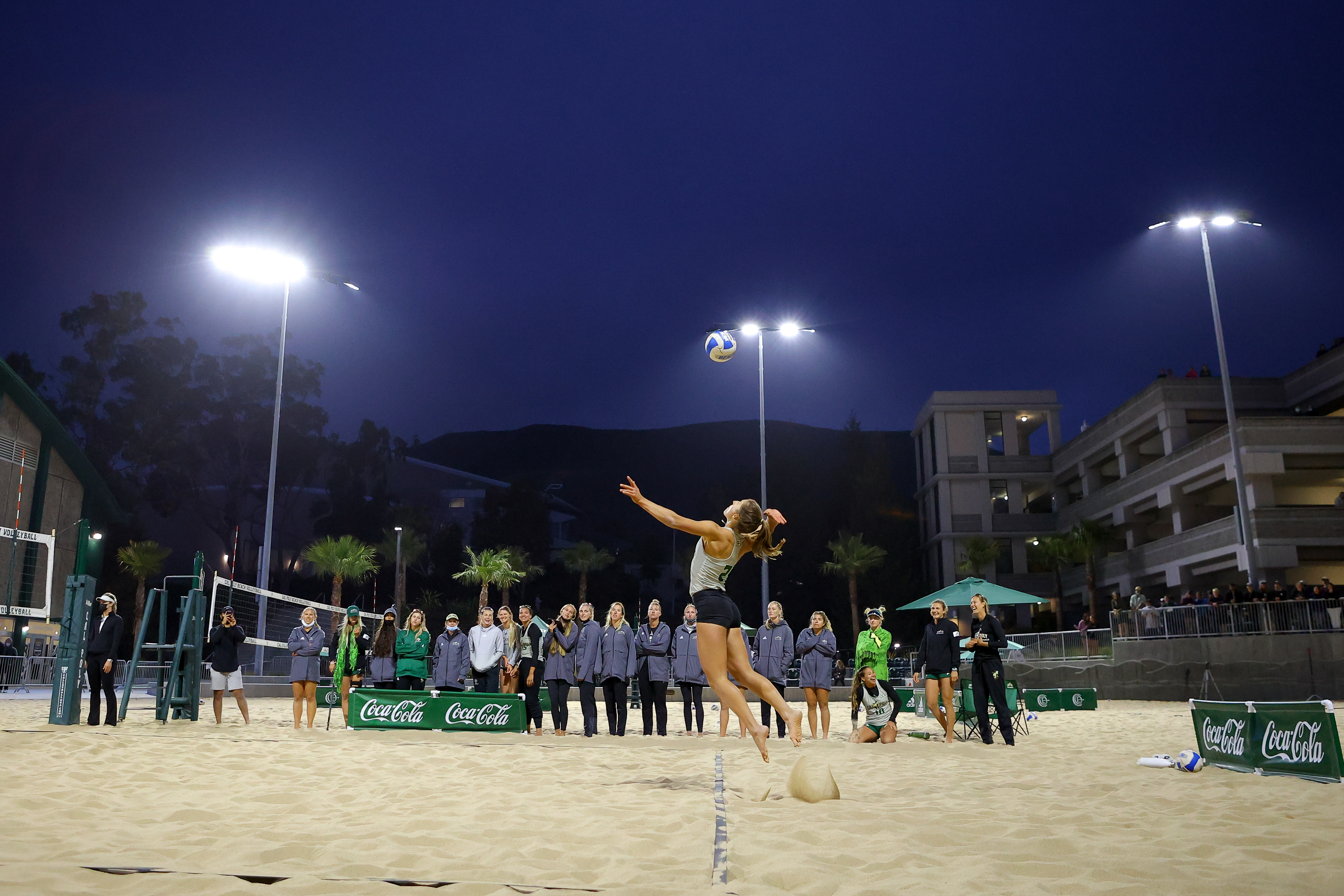 #6 Cal Poly Beach Volleyball’s Tia Miric (2) serves against #8 Grand Canyon University at the Second Annual Center for Effort Beach Volleyball Challenge at Swanson Family Beach Volleyball Complex on Friday, April 16, 2021. Kyle Calzia / Cal Poly Athletics
