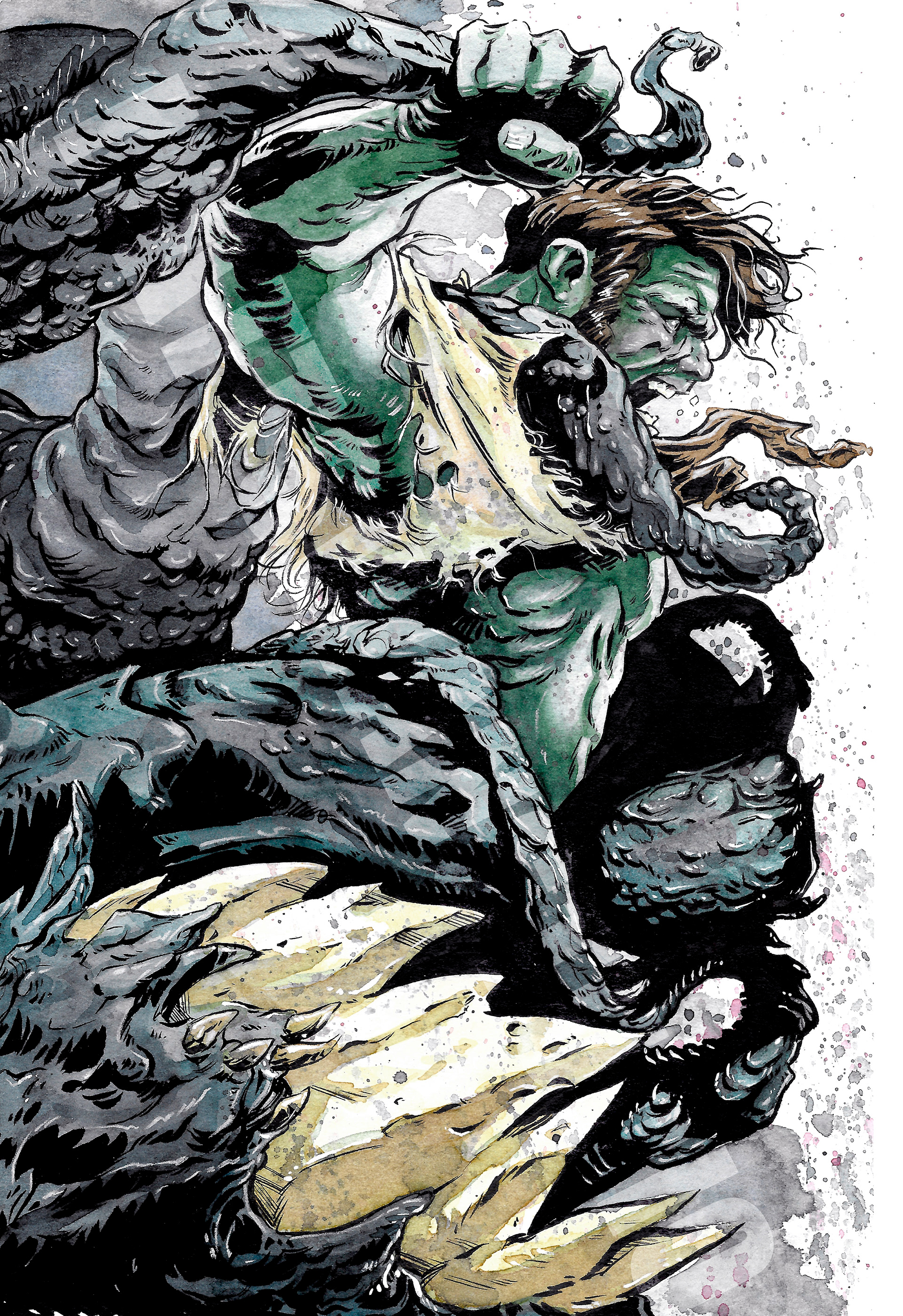 Lovecraftian Hulk-Ink/Watercolor/White Charcoal