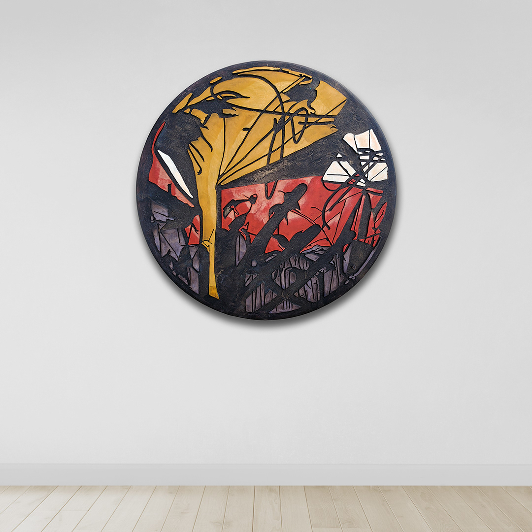 Acrylique, teinture sur bois sculpté / Acrylic, stain on sculpted wood / 42" x 42" x 0.75" / 2024