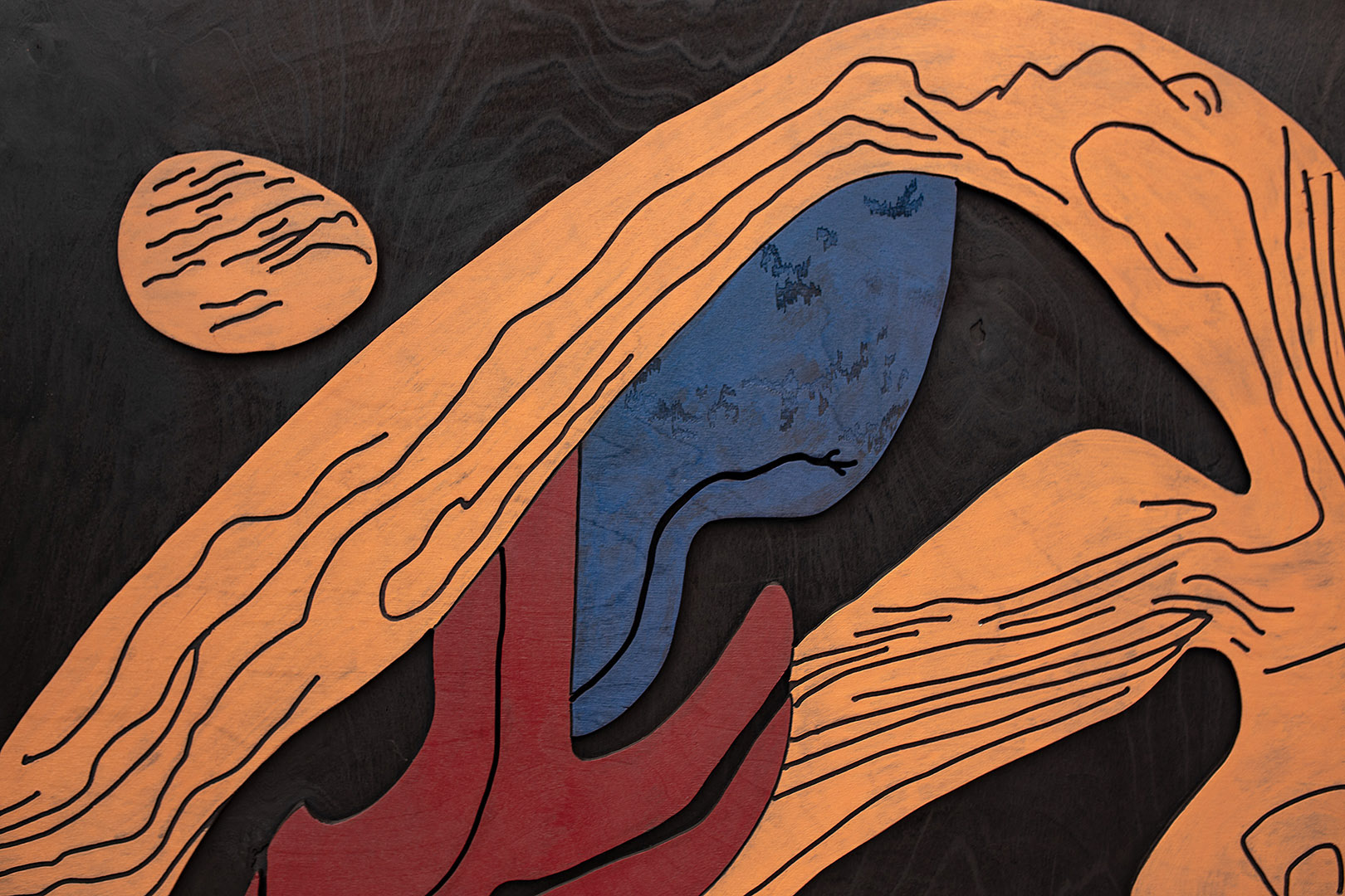 MANA 1 | Acrylique, teinture sur bois sculpté / Acrylic, stain on sculpted wood | 48" x 36" | 2025