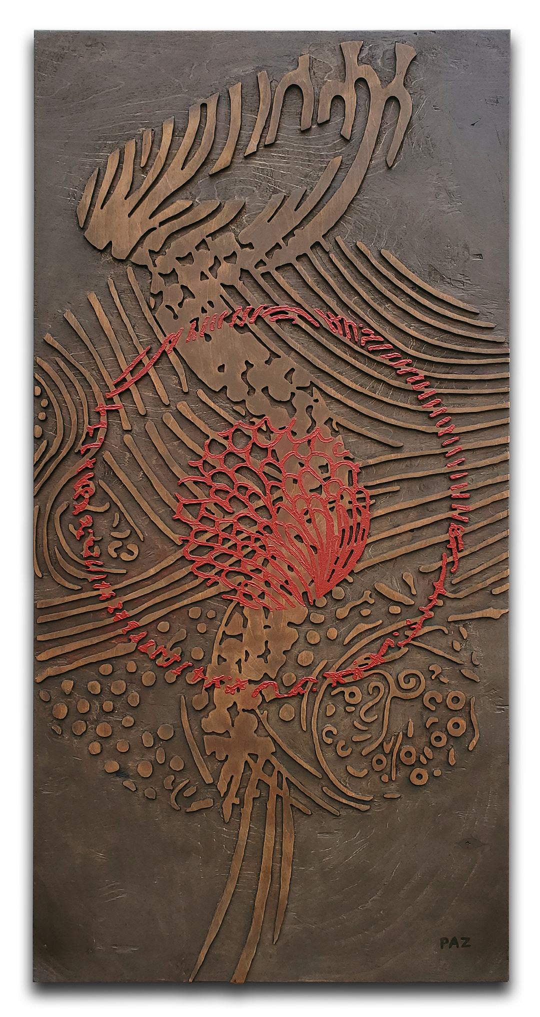 FEU DE PASSAGE | Teinture, acrylique sur bois sculpté / Stain, acrylic on sculpted wood | 24" x 48" | 2024