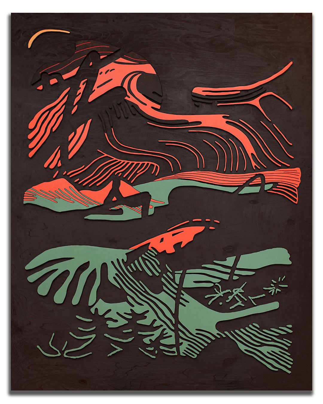 INTERSTICES 1 | Acrylique, teinture sur bois sculpté / Acrylic, stain on sculpted wood | 60" x 48" | 2025