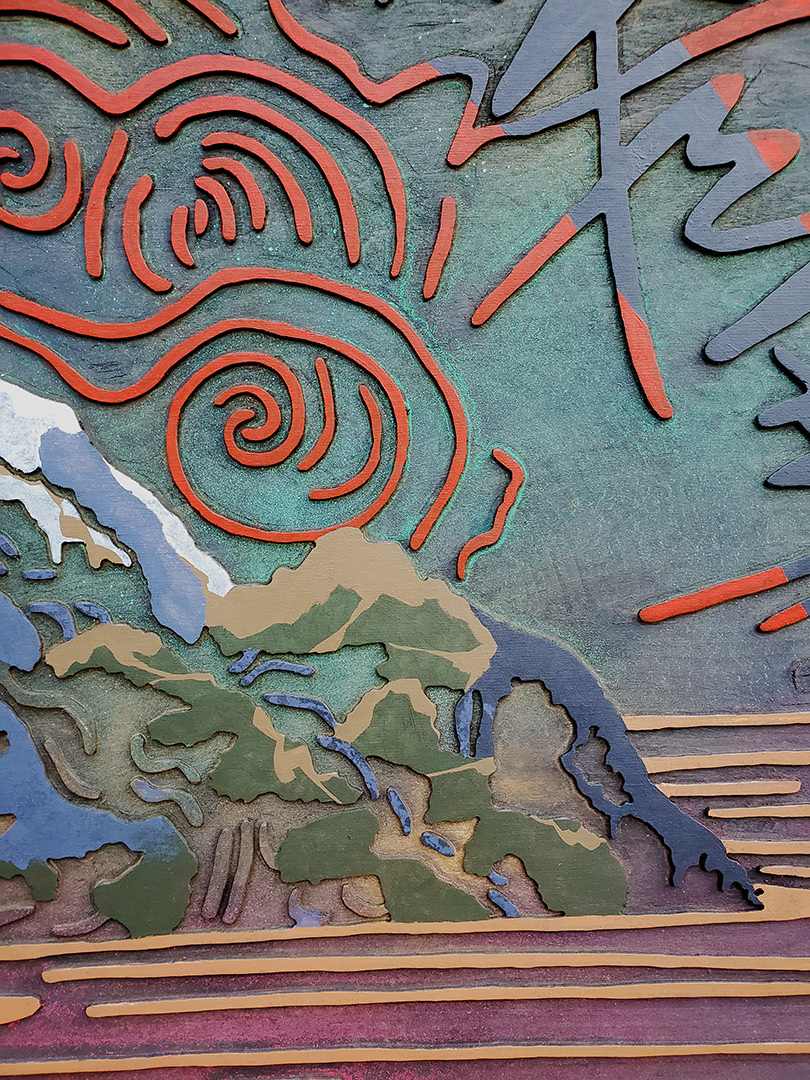 Acrylique, teinture sur bois sculpté / Acrylic, stain on sculpted wood / 32" x 32" x 0.75" / 2024