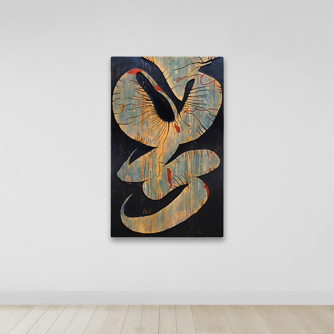 Acrylique, teinture, émail sur bois sculpté | Acrylic, stain, enamel on sculpted wood | 29.5" x 47.25" | 2024