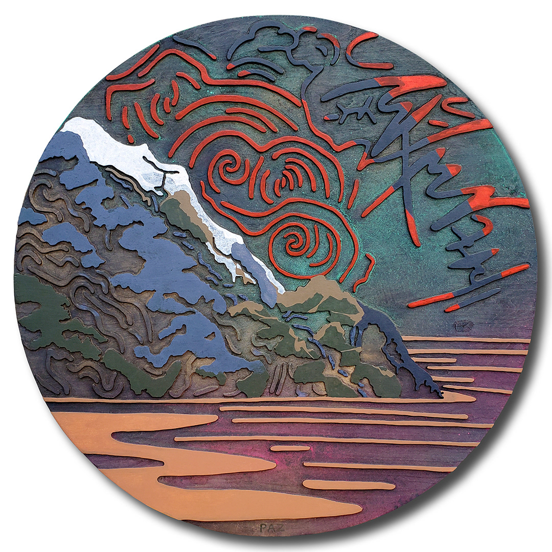 Acrylique, teinture sur bois sculpté / Acrylic, stain on sculpted wood / 32" x 32" x 0.75" / 2024