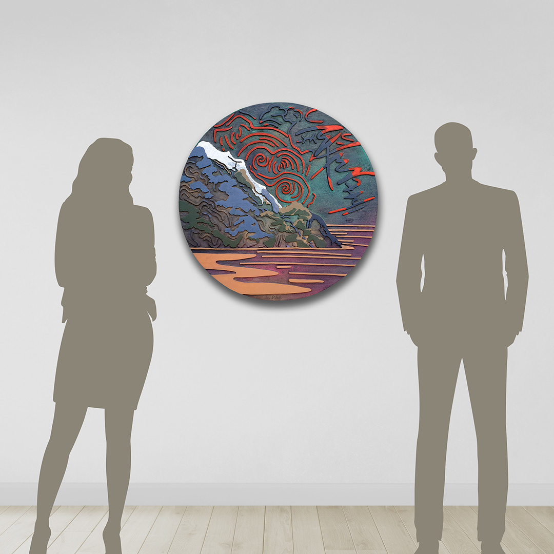 Acrylique, teinture sur bois sculpté / Acrylic, stain on sculpted wood / 32" x 32" x 0.75" / 2024