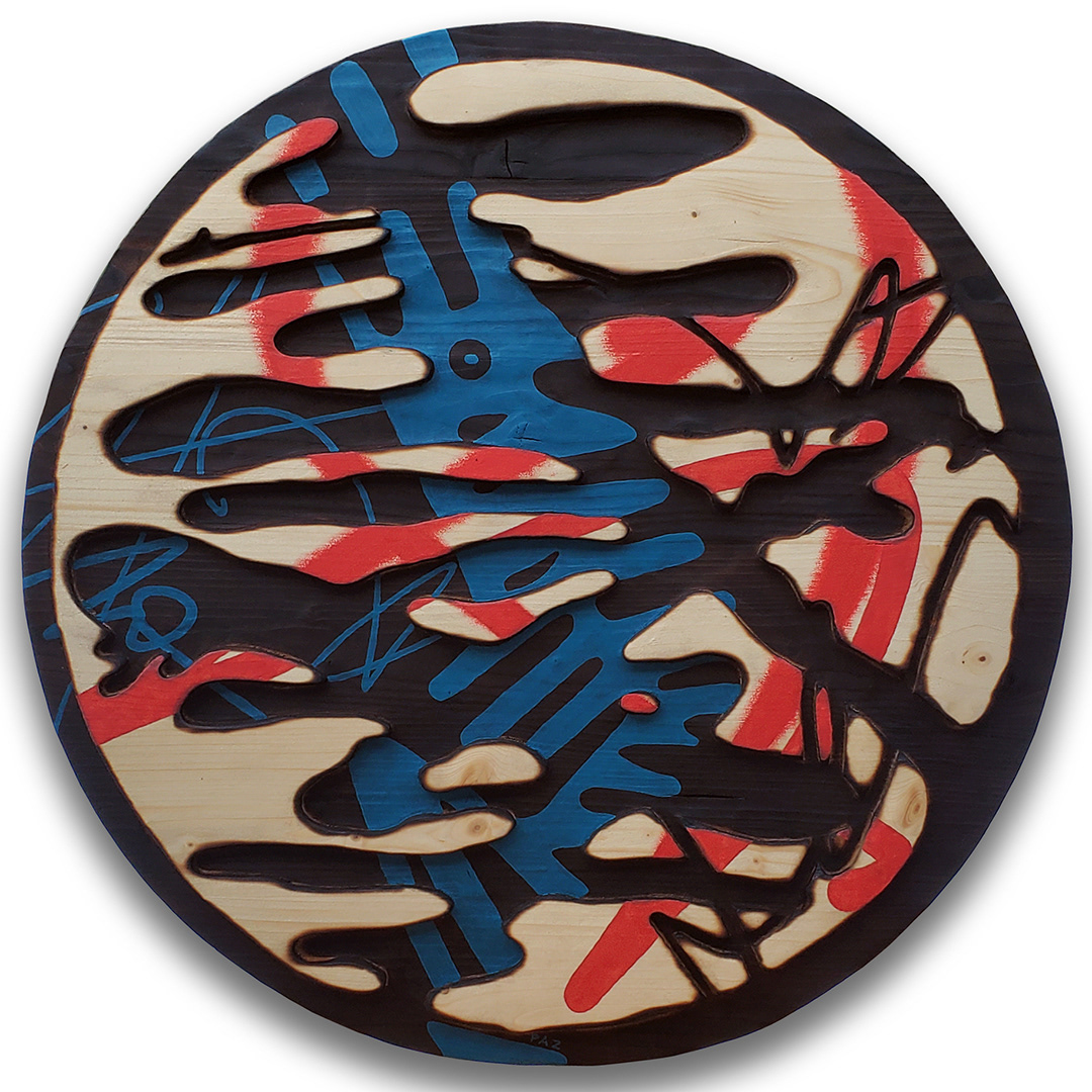 Acrylique, pastels à l'huile sur bois sculpté et brûlé / Acrylic, oil pastels on sculpted and burned wood | 24" x 24"