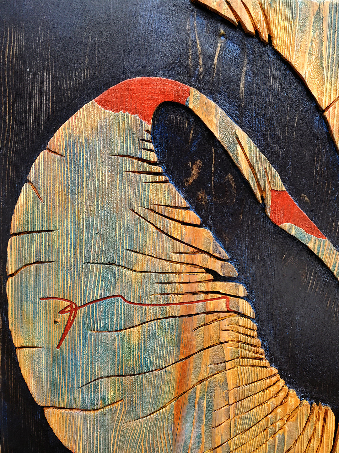 Acrylique, teinture, émail sur bois sculpté | Acrylic, stain, enamel on sculpted wood | 29.5" x 47.25" | 2024