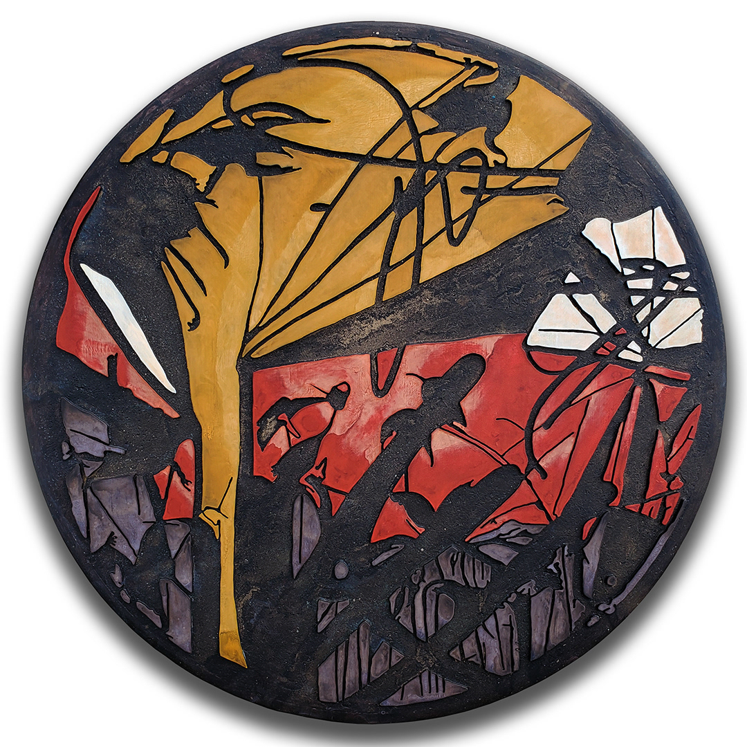 Acrylique, teinture sur bois sculpté / Acrylic, stain on sculpted wood / 42" x 42" x 0.75" / 2024