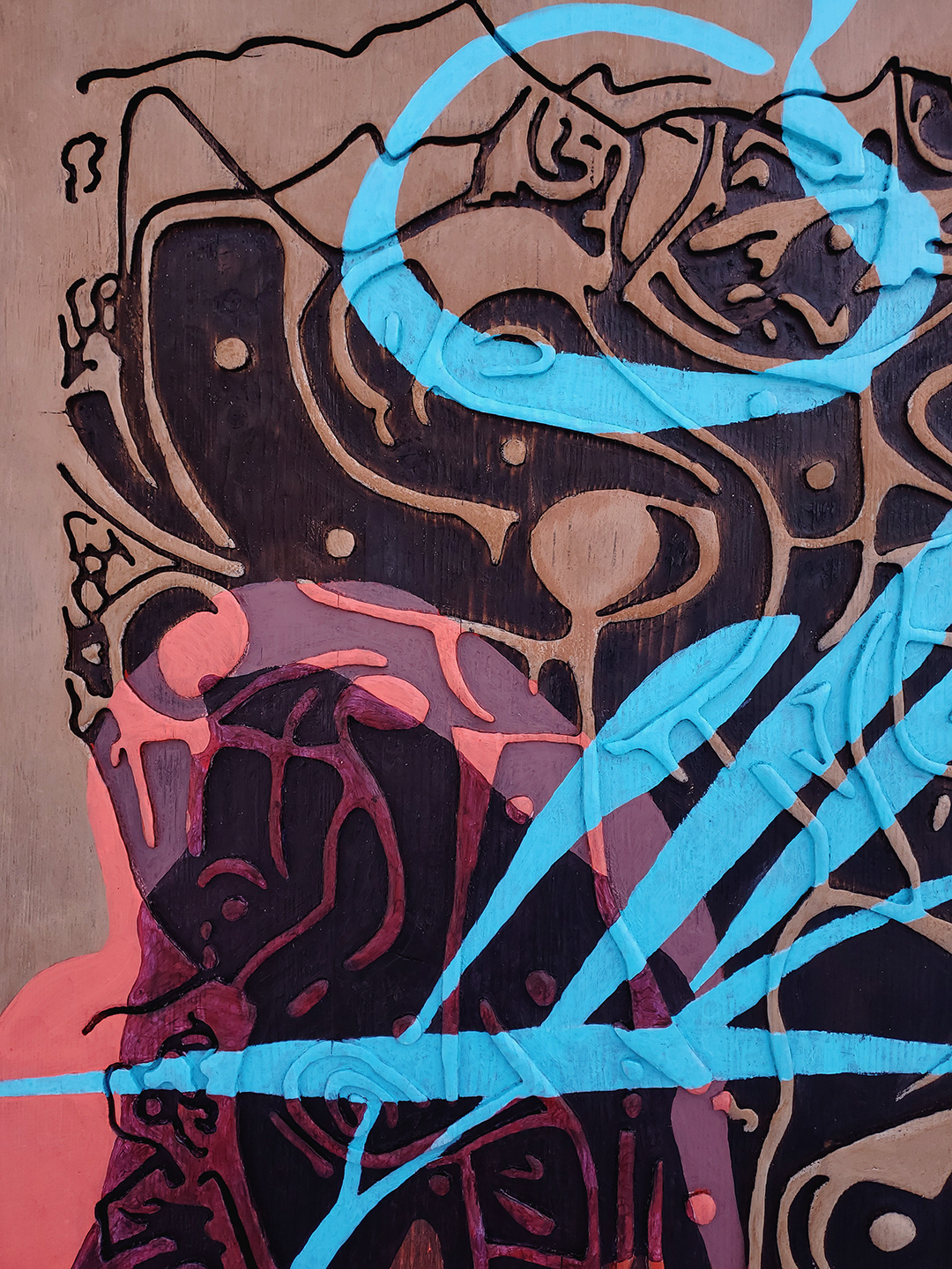 ARCHIPELS DE CERTITUDE | Acrylique, teinture sur bois sculpté et brûlé / Acrylic, stain on sculpted and burned wood | 24" x 48"