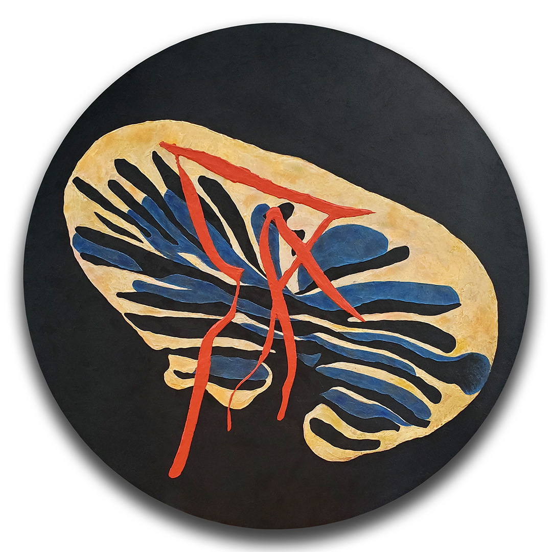 Papillon de nuit | Acrylique sur bois, œuvre ronde de 36 pouces de diamètre / Acrylic on wood, 36 inches diameter artwork
