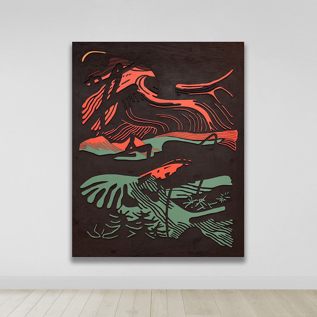 INTERSTICES 1 | Acrylique, teinture sur bois sculpté / Acrylic, stain on sculpted wood | 60" x 48" | 2025