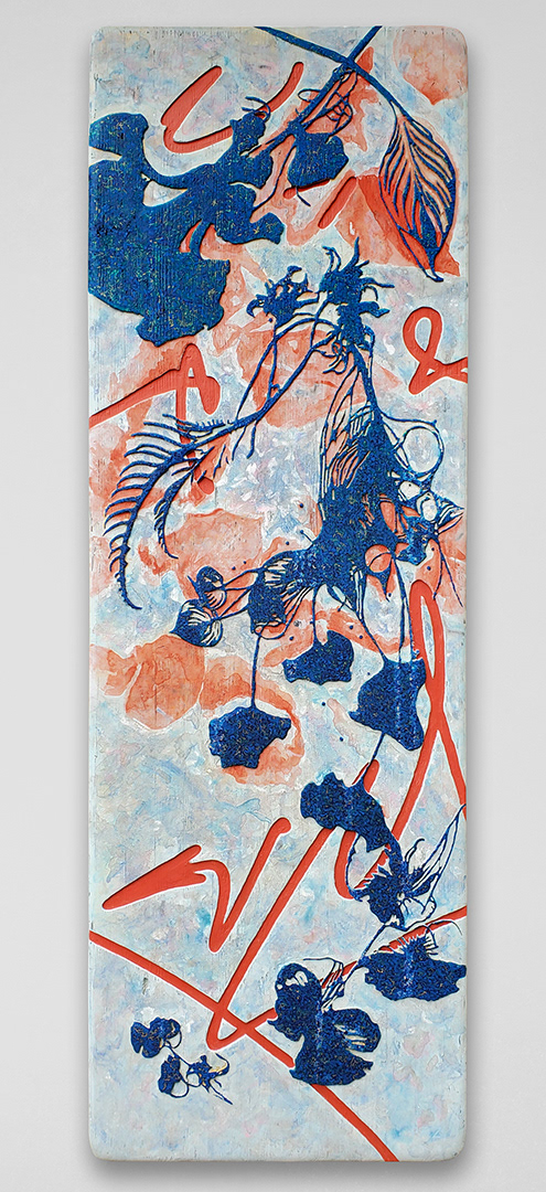 ARCHIPELS DE CERTITUDE | Acrylique, teinture, minéraux sur bois sculpté et brûlé / Acrylic, stain, minerals on sculpted and burned wood | 24" x 72" | 2023