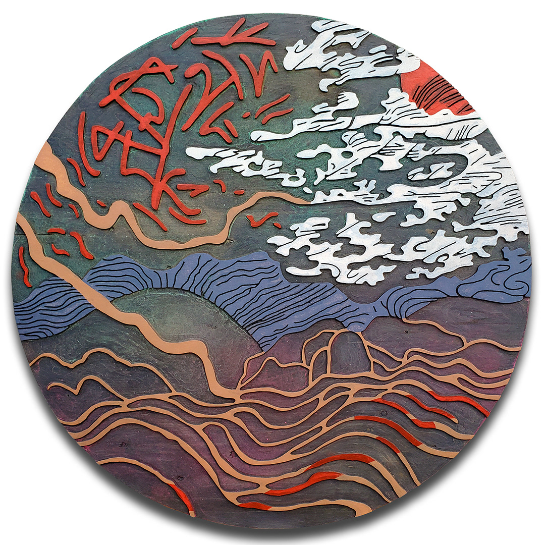 Acrylique, teinture sur bois sculpté / Acrylic, stain on sculpted wood / 32" x 32" x 0.75" / 2024