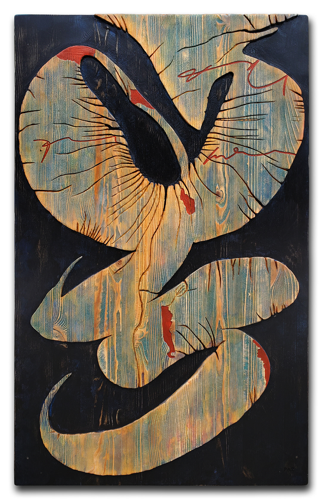 Acrylique, teinture, émail sur bois sculpté | Acrylic, stain, enamel on sculpted wood | 29.5" x 47.25" | 2024