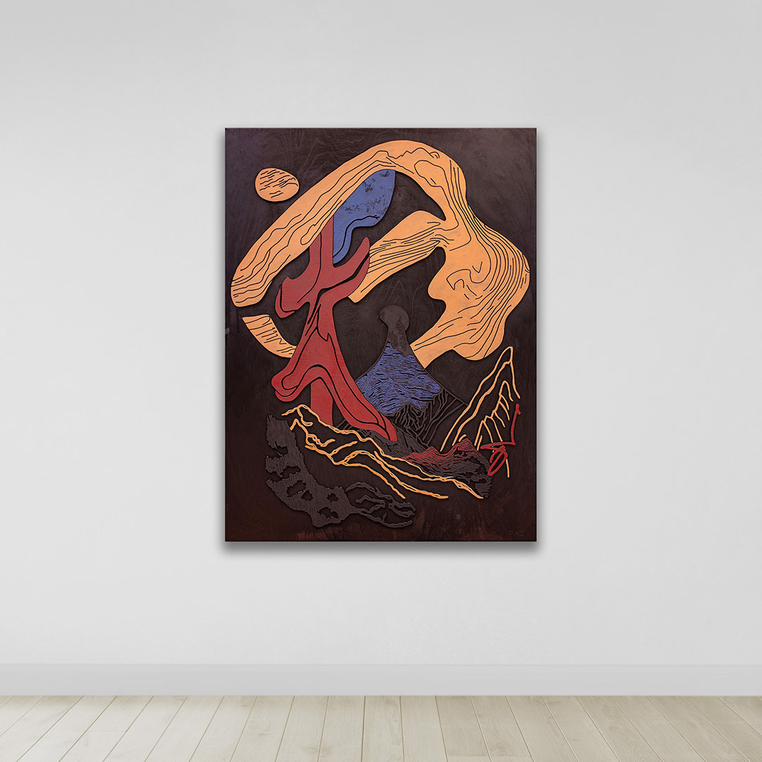 MANA 1 | Acrylique, teinture sur bois sculpté / Acrylic, stain on sculpted wood | 48" x 36" | 2025