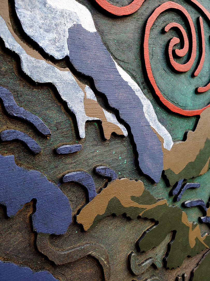 Acrylique, teinture sur bois sculpté / Acrylic, stain on sculpted wood / 32" x 32" x 0.75" / 2024