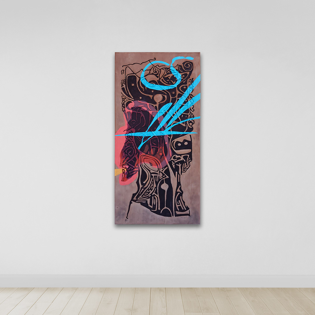 ARCHIPELS DE CERTITUDE | Acrylique, teinture sur bois sculpté et brûlé / Acrylic, stain on sculpted and burned wood | 24" x 48"