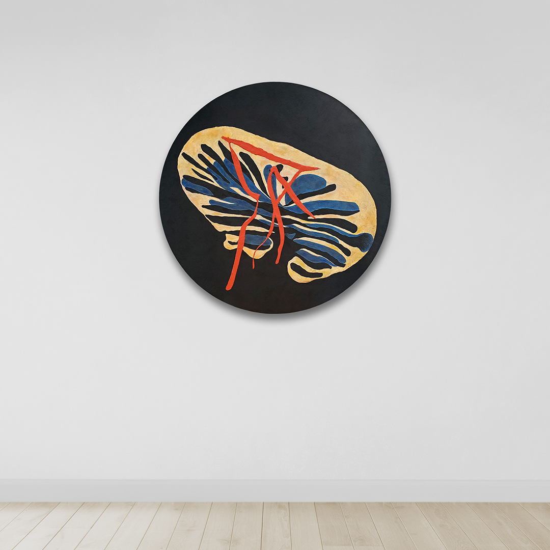 Papillon de nuit | Acrylique sur bois, œuvre ronde de 36 pouces de diamètre / Acrylic on wood, 36 inches diameter artwork
