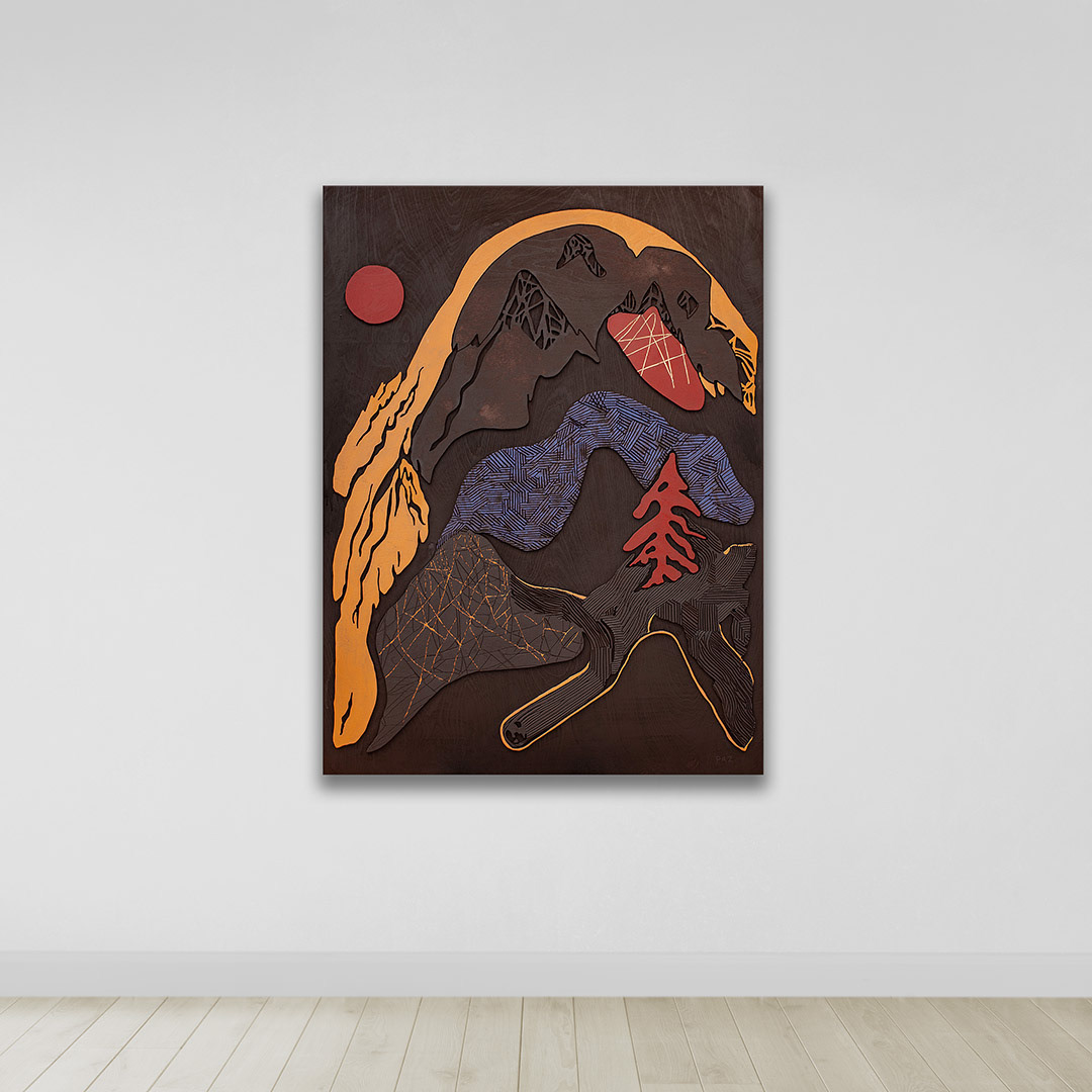 SOLARIS 4 | Acrylique, teinture sur bois sculpté / Acrylic, stain on sculpted wood | 48" x 36" | 2025