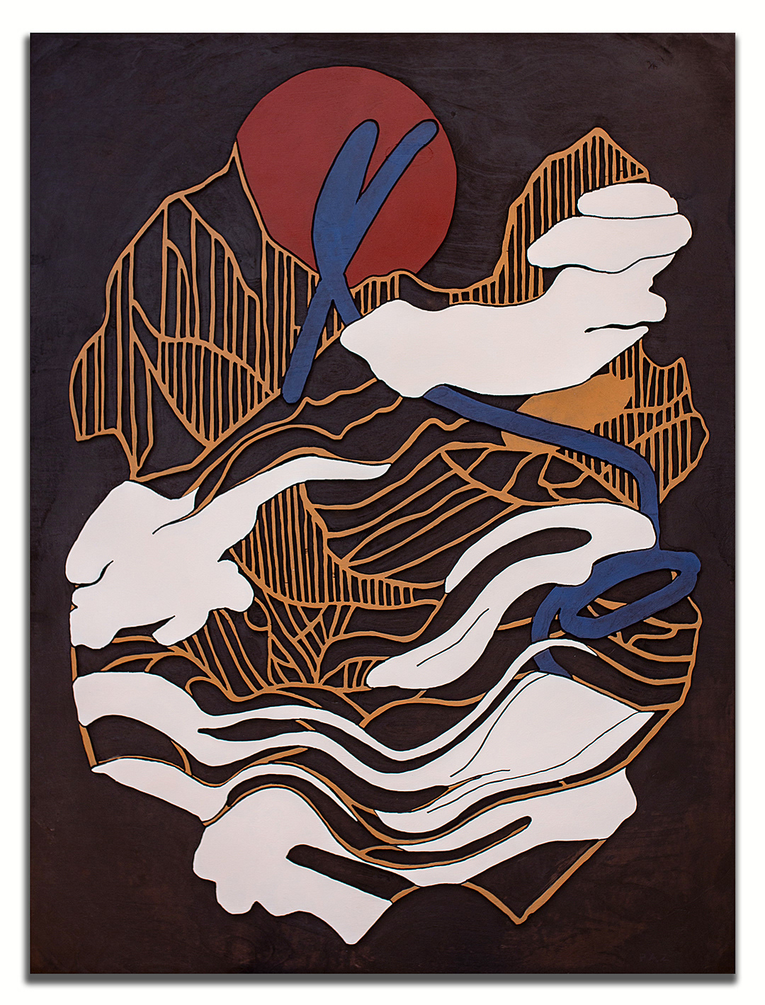 SOLARIS 2 | Acrylique, teinture sur bois sculpté / Acrylic, stain on sculpted wood | 48" x 36" | 2025