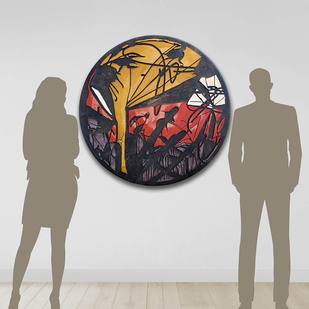 Acrylique, teinture sur bois sculpté / Acrylic, stain on sculpted wood / 42" x 42" x 0.75" / 2024