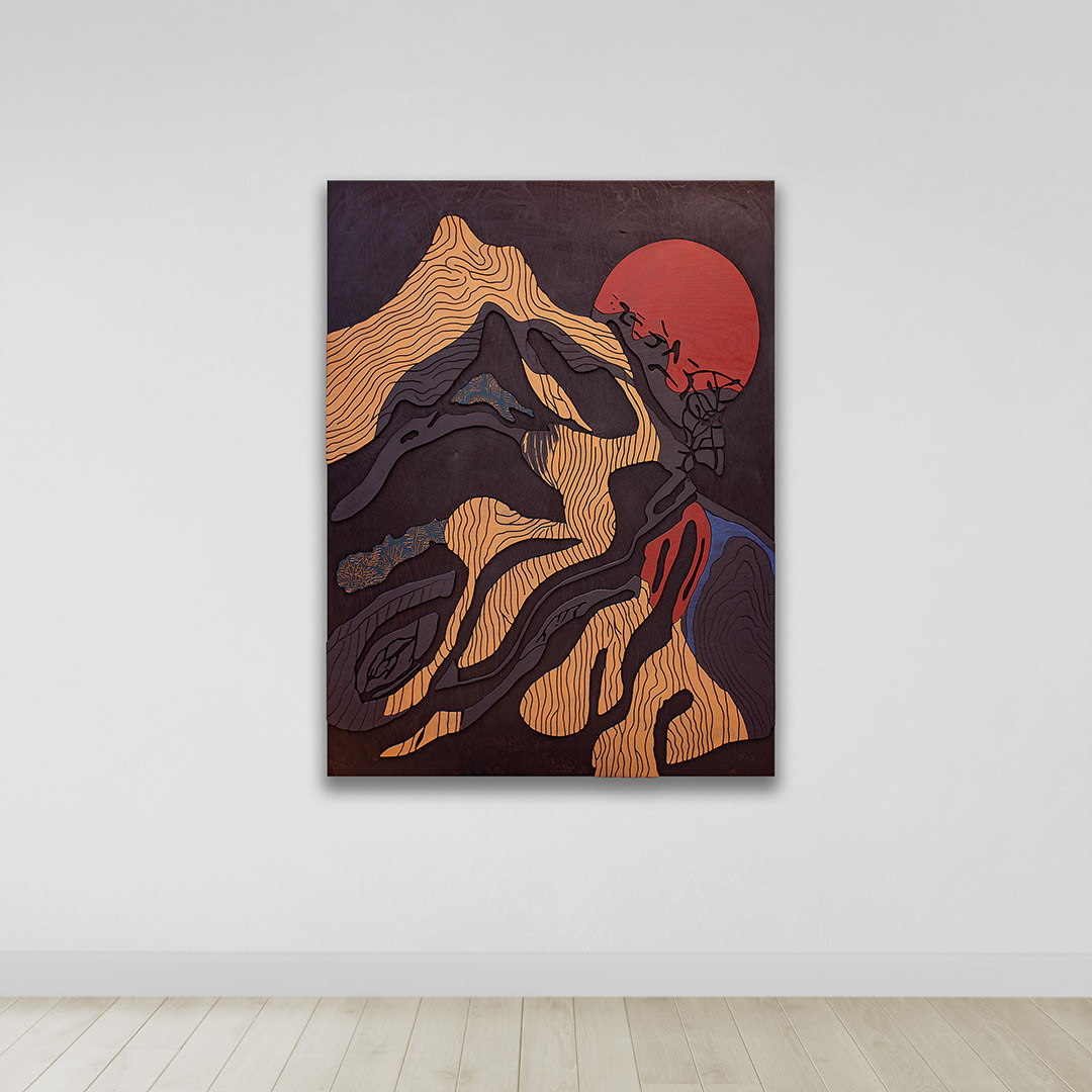 SOLARIS 1 | Acrylique, teinture sur bois sculpté / Acrylic, stain on sculpted wood | 48" x 36" | 2025