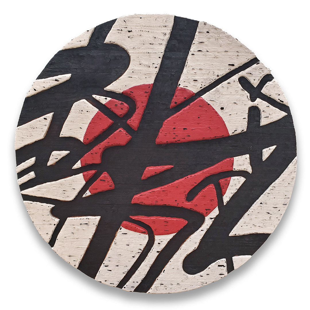 Art: Acrylique sur bois sculpté et brûlé / Acrylic on sculpted and burned wood, 24" x 24", round, white, red, black