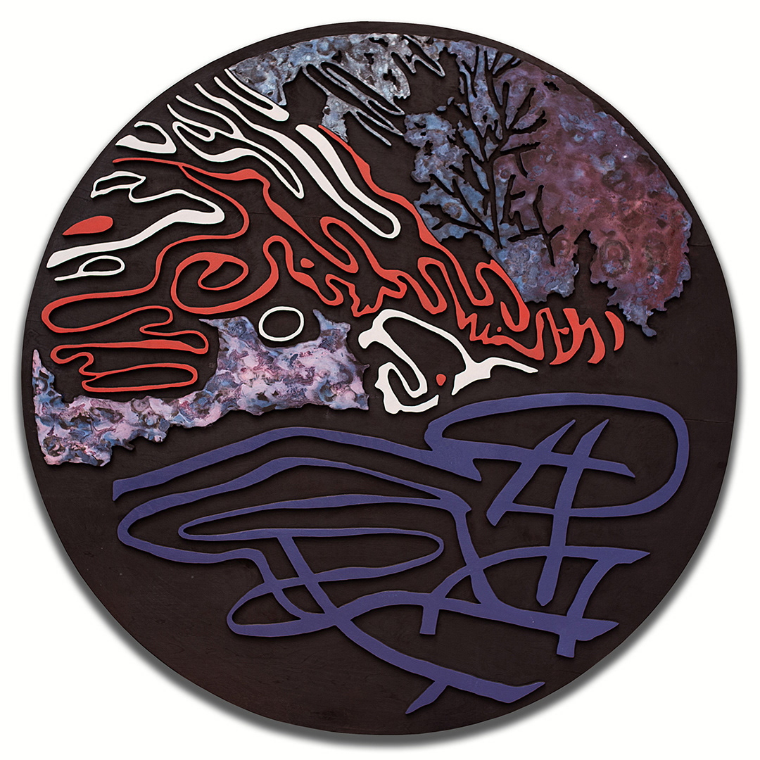 AÉROMANCIE 6 | Acrylique, teinture sur bois sculpté / Acrylic, stain on sculpted wood | 48" | 2025