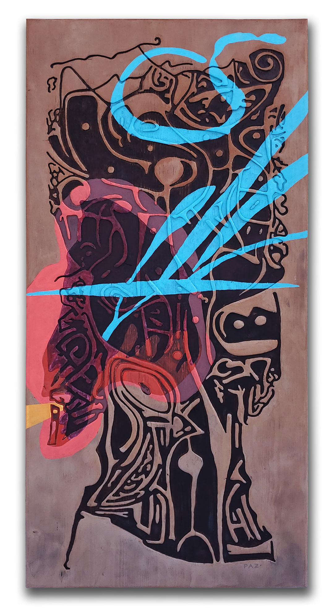 ARCHIPELS DE CERTITUDE | Acrylique, teinture sur bois sculpté et brûlé / Acrylic, stain on sculpted and burned wood | 24" x 48"