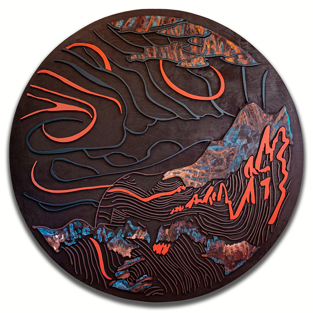 AÉROMANCIE 4 | Acrylique, teinture sur bois sculpté / Acrylic, stain on sculpted wood | 48" | 2025