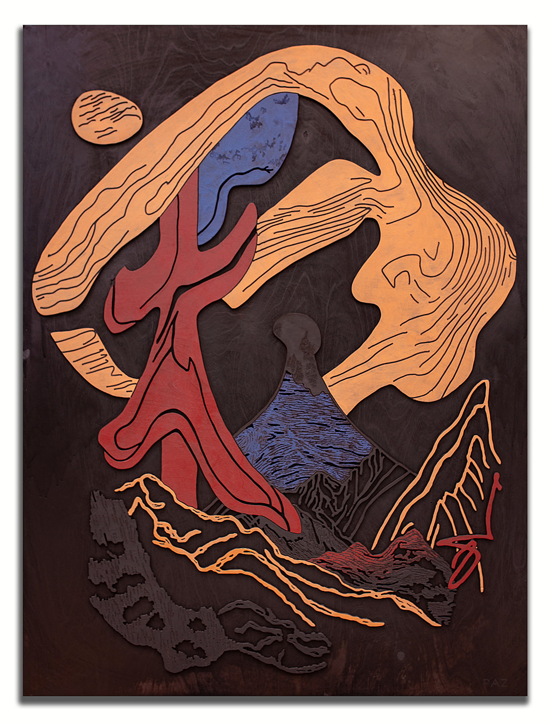 MANA 1 | Acrylique, teinture sur bois sculpté / Acrylic, stain on sculpted wood | 48" x 36" | 2025