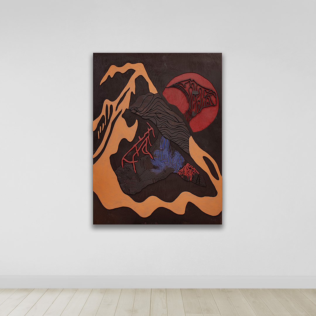 SOLARIS 3 | Acrylique, teinture sur bois sculpté / Acrylic, stain on sculpted wood | 48" x 36" | 2025