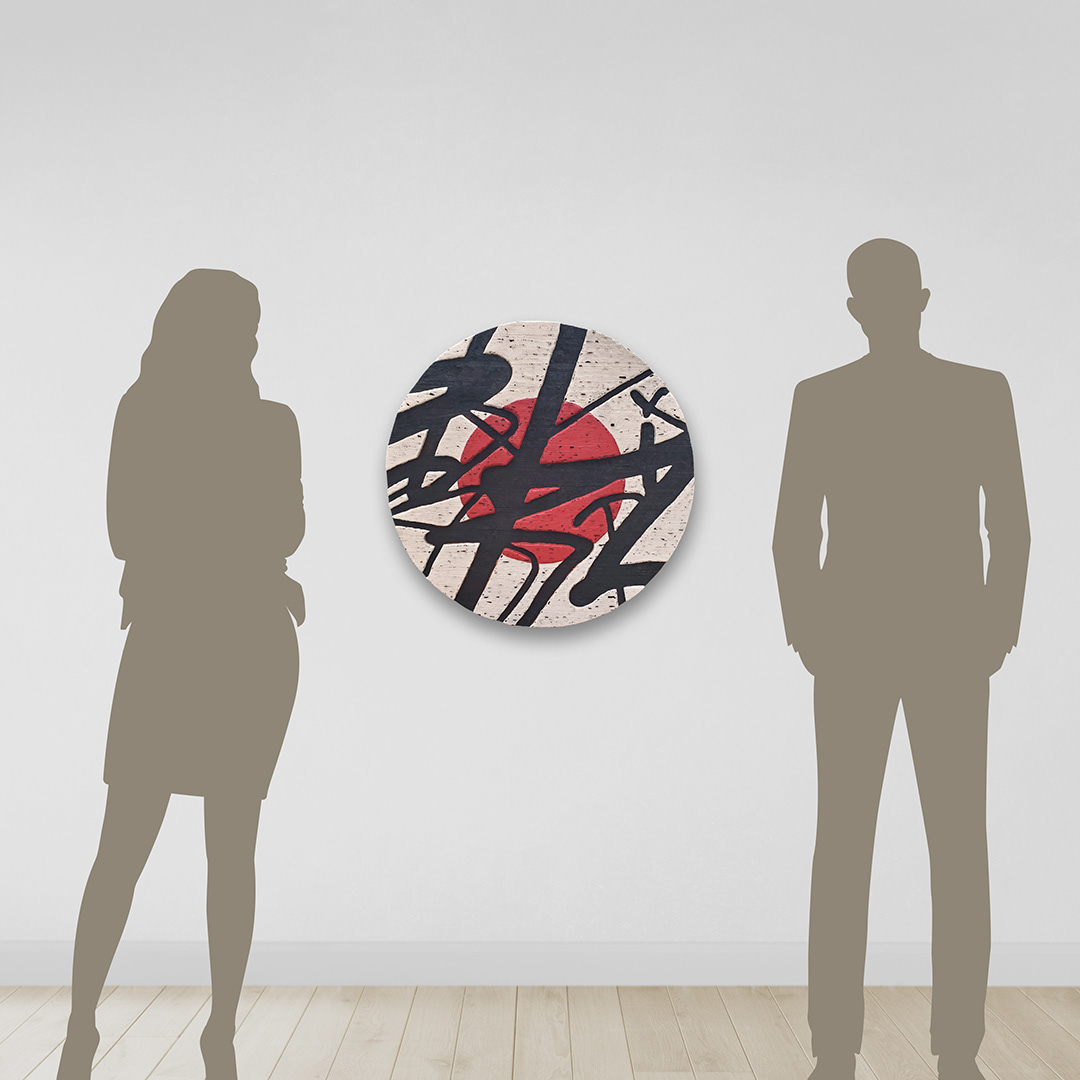 Art: Acrylique sur bois sculpté et brûlé / Acrylic on sculpted and burned wood, 24" x 24", round, white, red, black