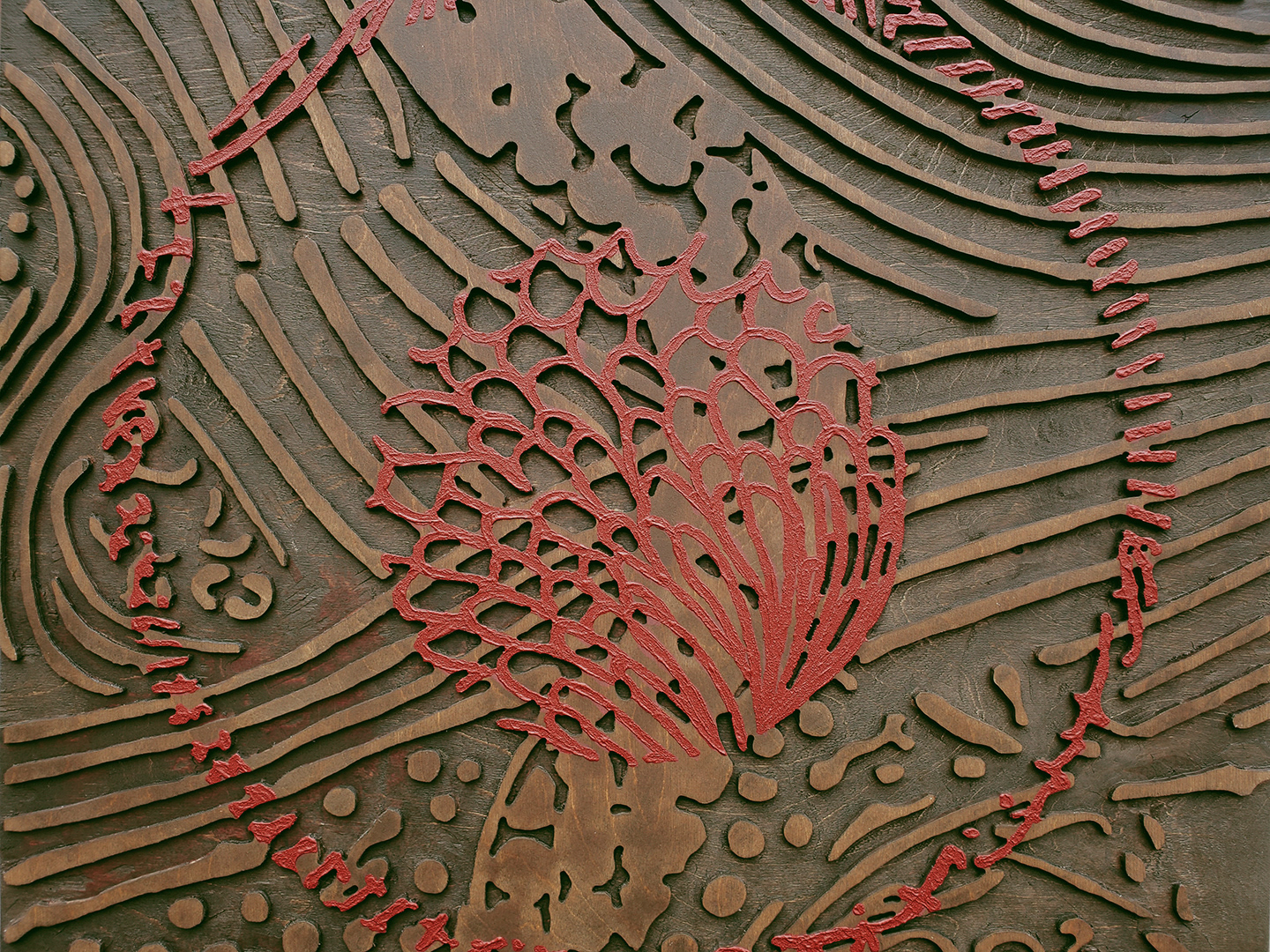 FEU DE PASSAGE | Teinture, acrylique sur bois sculpté / Stain, acrylic on sculpted wood | 24" x 48" | 2024