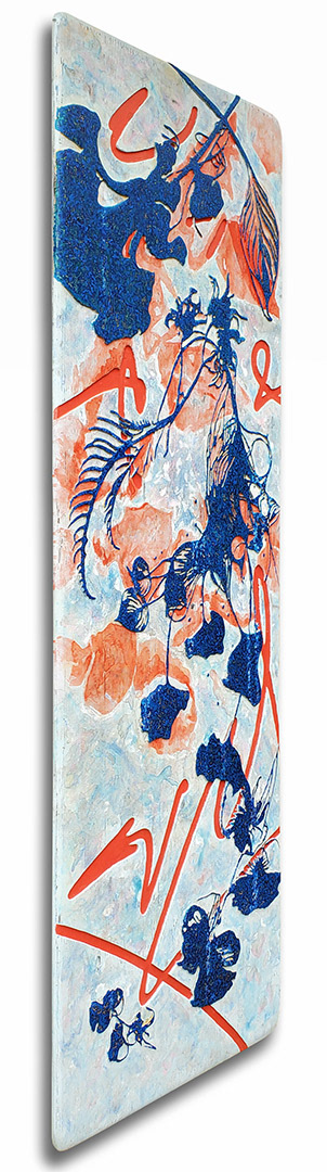 ARCHIPELS DE CERTITUDE | Acrylique, teinture, minéraux sur bois sculpté et brûlé / Acrylic, stain, minerals on sculpted and burned wood | 24" x 72" | 2023
