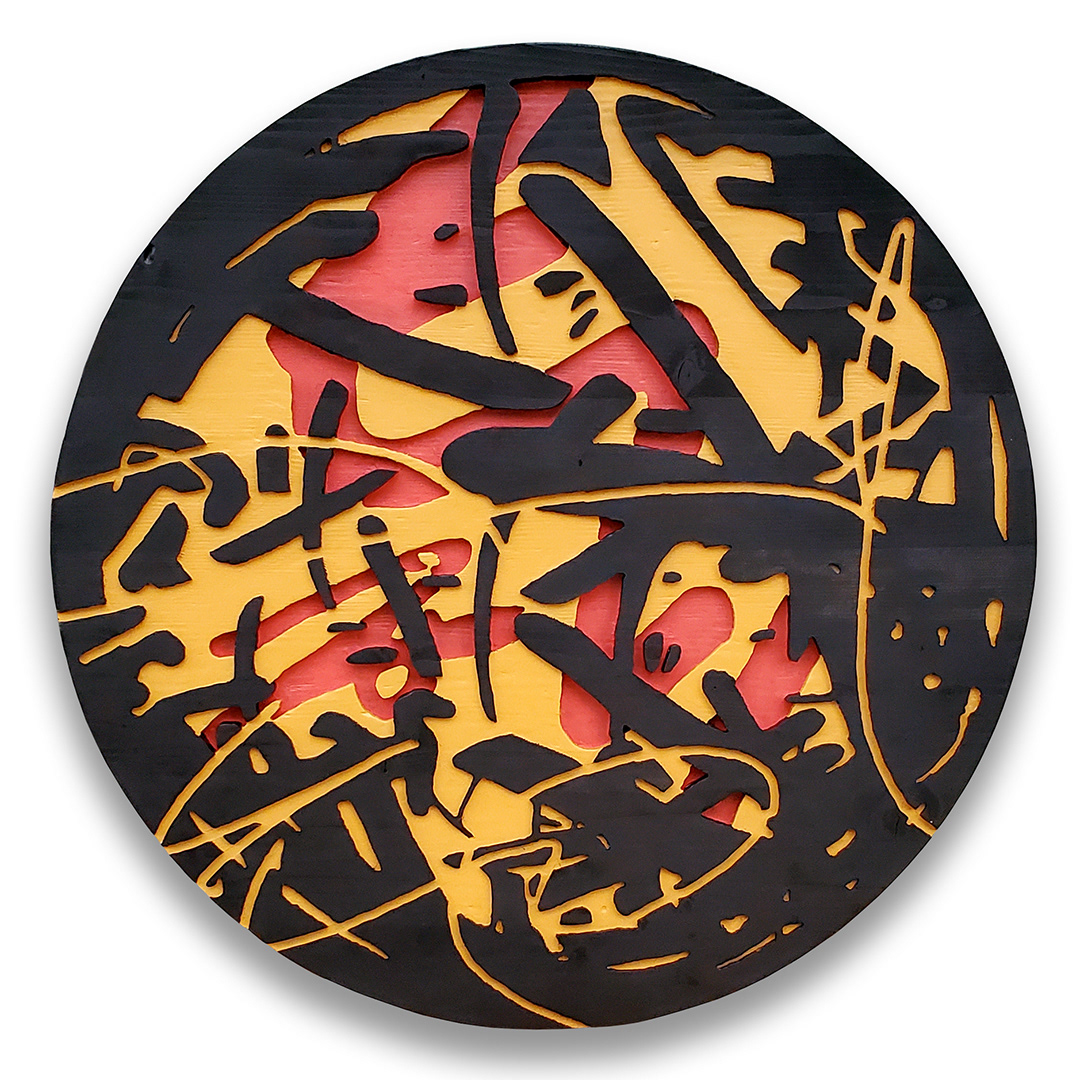 Art: Acrylique, teinture sur bois sculpté et brûlé / Acrylic, stain on sculpted and burned wood, 24" x 24", round, black, yellow, red