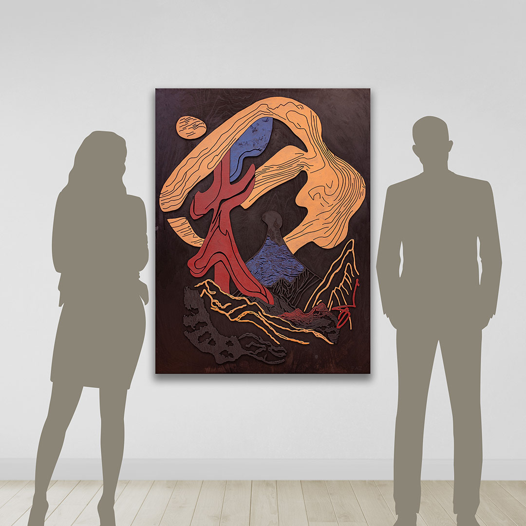 MANA 1 | Acrylique, teinture sur bois sculpté / Acrylic, stain on sculpted wood | 48" x 36" | 2025