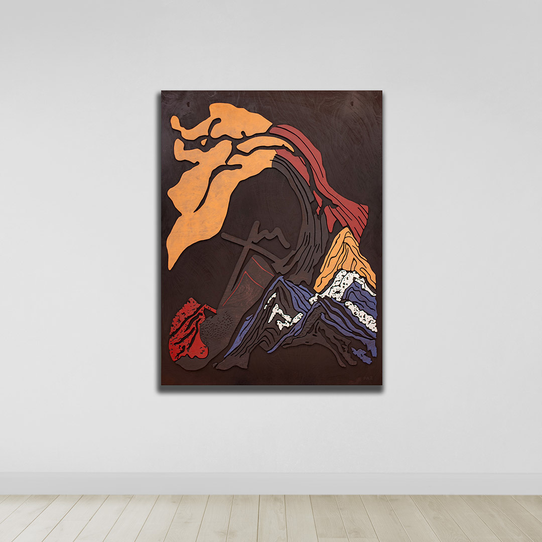 MANA 2 | Acrylique, teinture sur bois sculpté / Acrylic, stain on sculpted wood | 48" x 36" | 2025