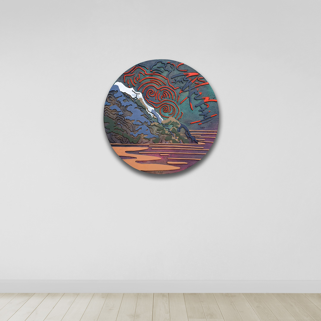 Acrylique, teinture sur bois sculpté / Acrylic, stain on sculpted wood / 32" x 32" x 0.75" / 2024