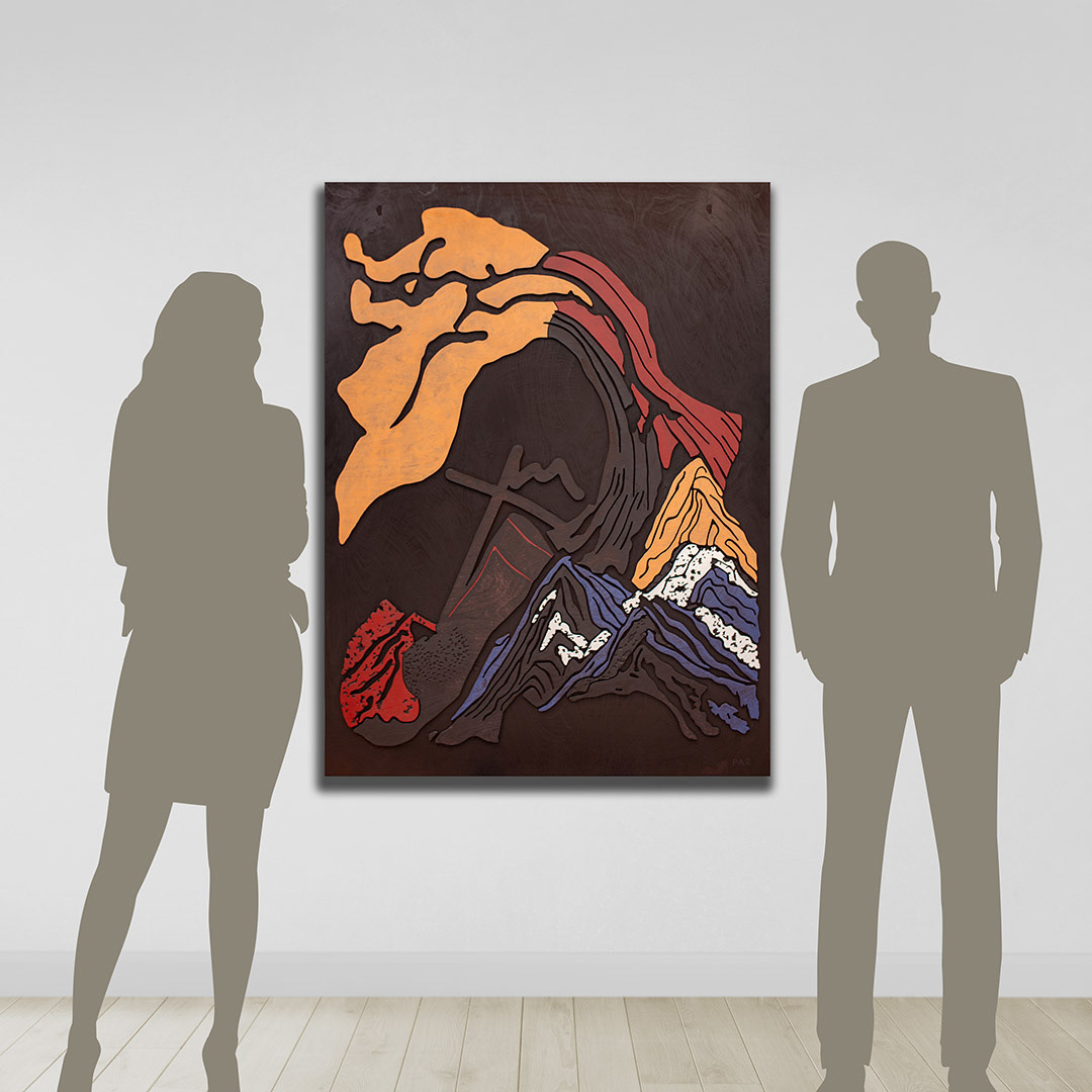 MANA 2 | Acrylique, teinture sur bois sculpté / Acrylic, stain on sculpted wood | 48" x 36" | 2025