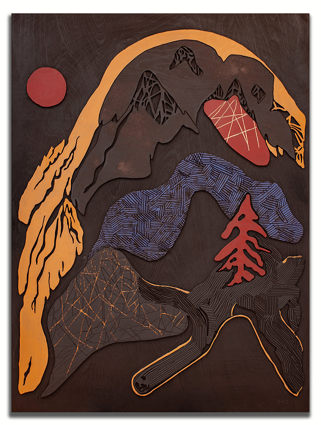 SOLARIS 4 | Acrylique, teinture sur bois sculpté / Acrylic, stain on sculpted wood | 48" x 36" | 2025