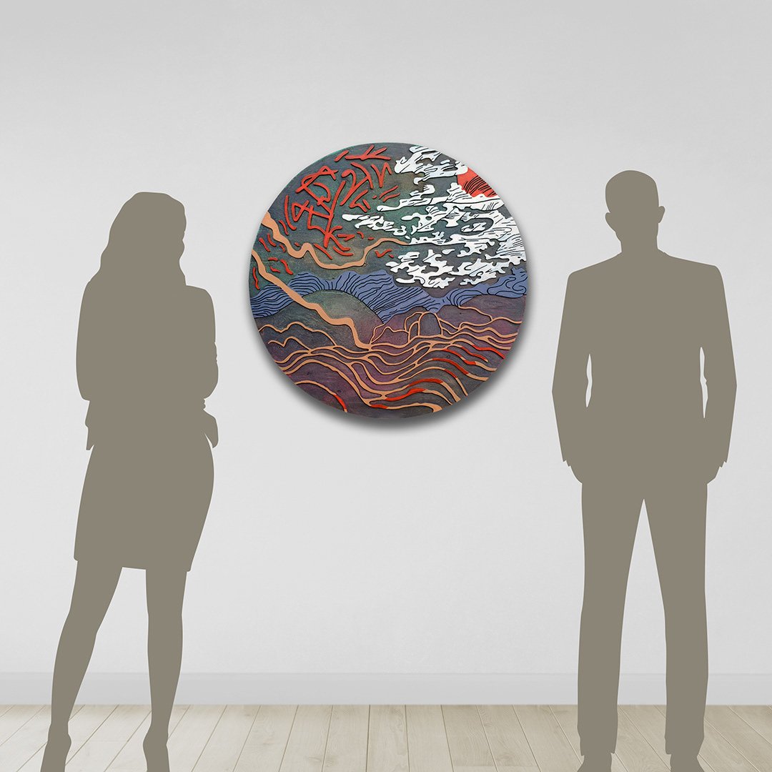 Acrylique, teinture sur bois sculpté / Acrylic, stain on sculpted wood / 32" x 32" x 0.75" / 2024