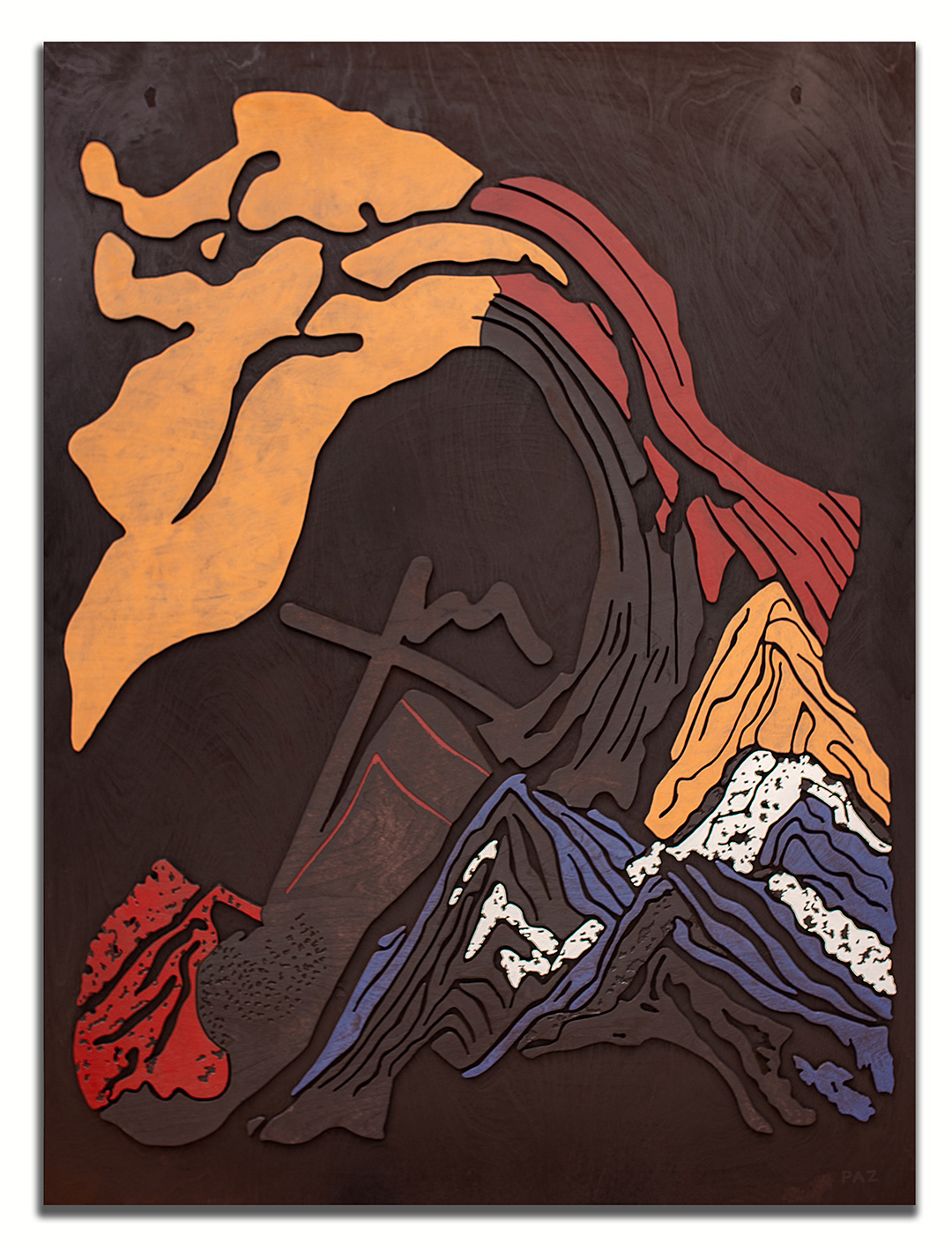 MANA 2 | Acrylique, teinture sur bois sculpté / Acrylic, stain on sculpted wood | 48" x 36" | 2025